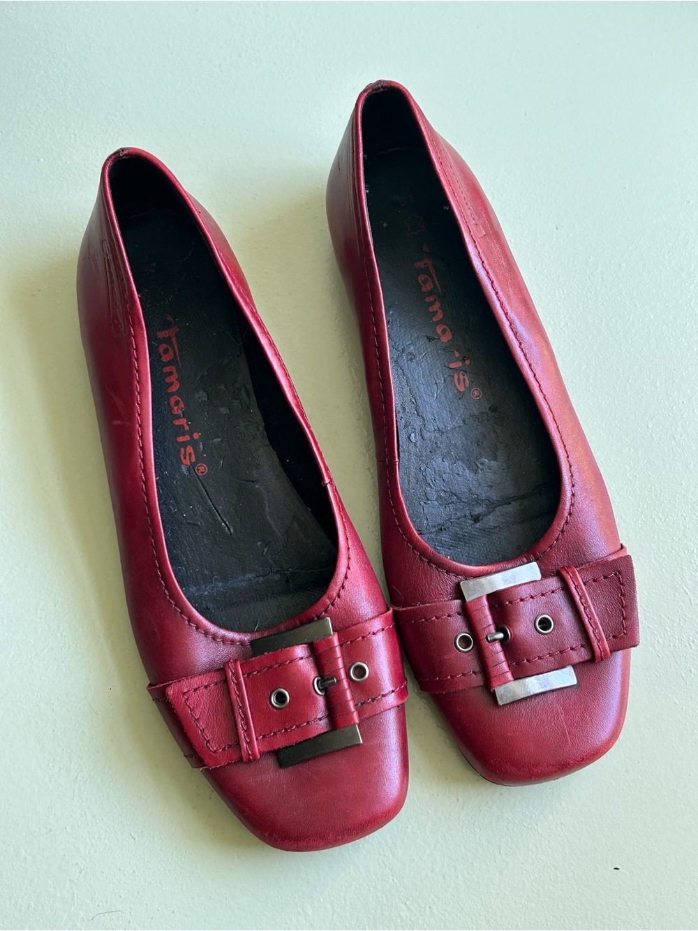 Red Leather Buckle Ballet Flats